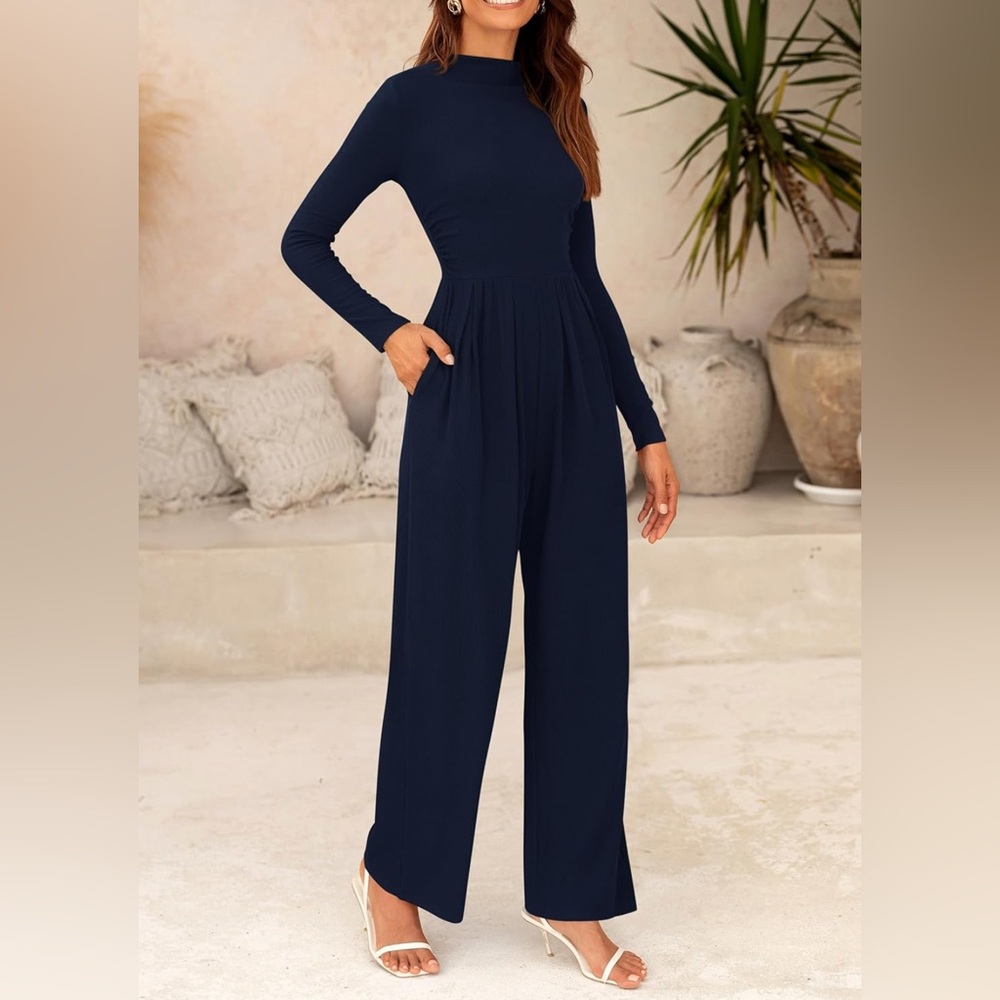 PRETTYGARDEN Jumpsuit Dressy Casual Spring Fall Fashion Mock Neck Wide Leg Pants